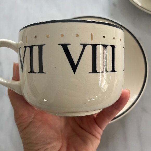 Set of 2 Vintage Arthur Wood Roman Numerals Clock Face Coffee Cups & Saucers - Picture 6 of 8
